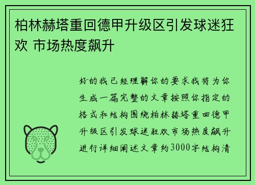 柏林赫塔重回德甲升级区引发球迷狂欢 市场热度飙升